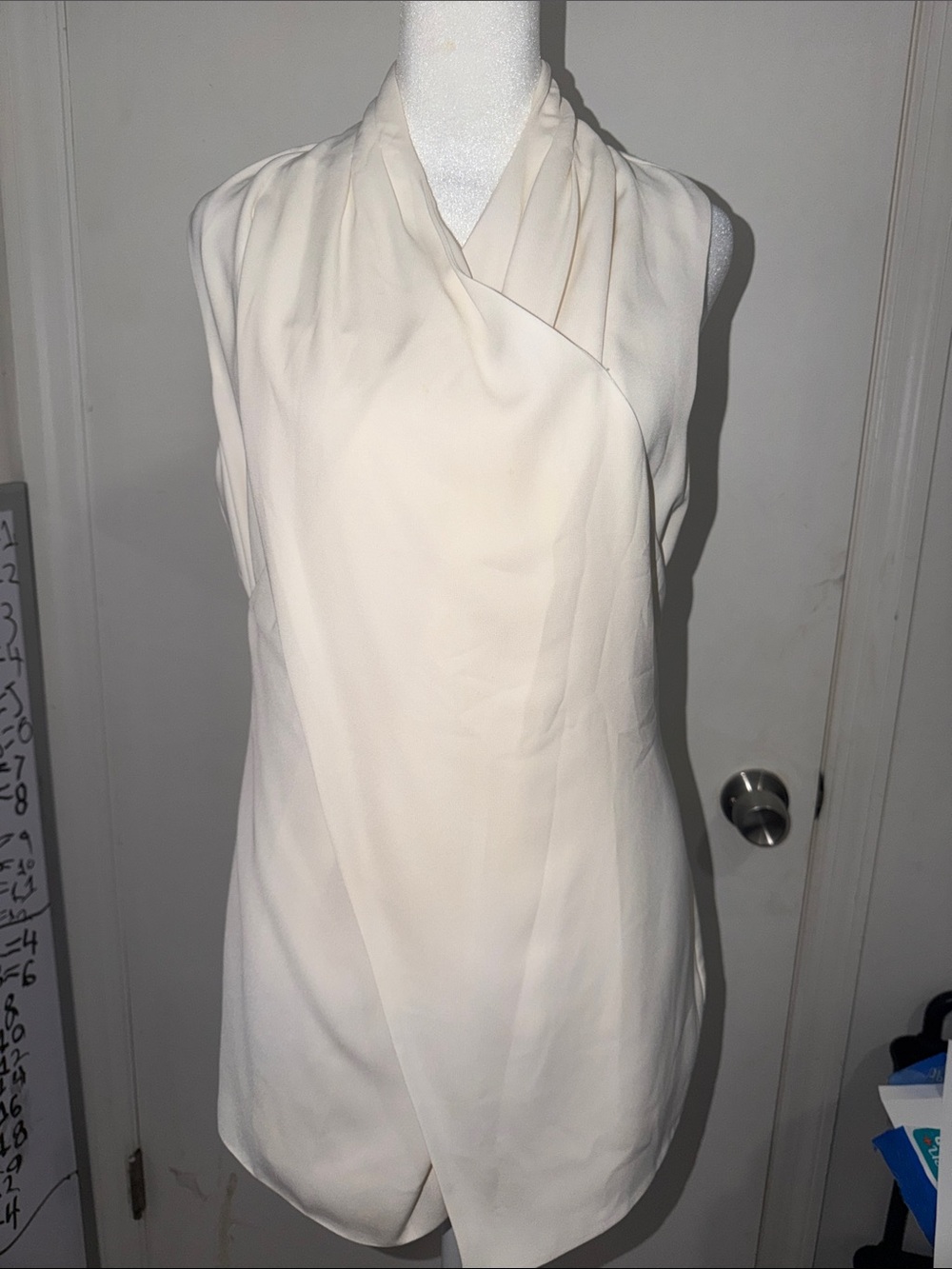 CAbi Cream Sleeveless Draped Wrap Mini Dress
